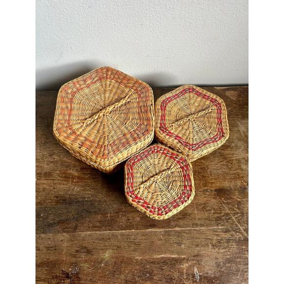 Vintage Chinese Nesting Baskets | Intricate Woven Grass Weave - Picture 5 of 6